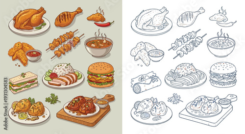 A collection of delicious chicken dishes and fast food items, presented in both full color and line art.
