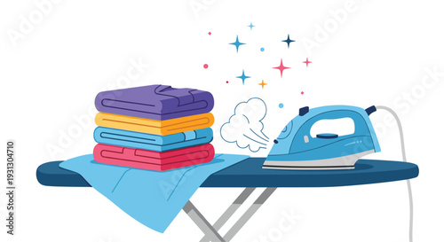 Household laundry task showing a modern steam iron on an ironing board next to a neatly folded stack of colorful clothing.