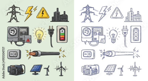 Collection of electrical symbols and devices, including power lines, plugs, batteries, and renewable energy sources like solar panels and wind turbines.