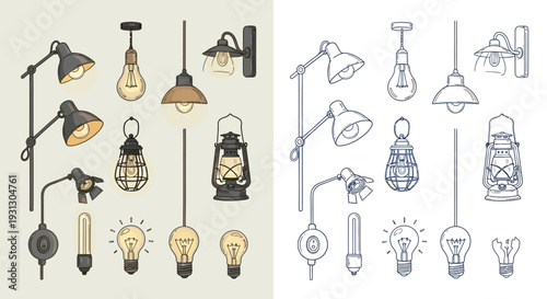Collection of vintage and modern lighting fixtures including desk lamps, pendant lights, sconces, and lanterns, presented in both color and line art.