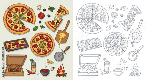 A vibrant collection of delicious pizza elements, including whole pizzas, slices, toppings, and serving accessories, presented in both full color and outline.