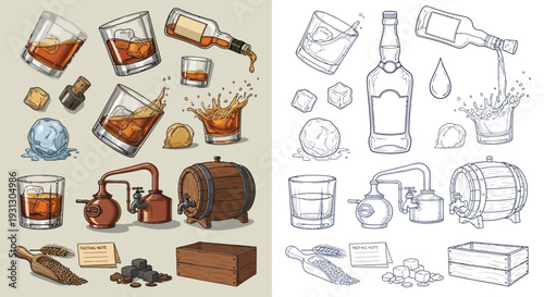 Collection of illustrations depicting various elements related to whiskey production and consumption, including bottles, glasses, ice, a barrel, and distillation equipment.
