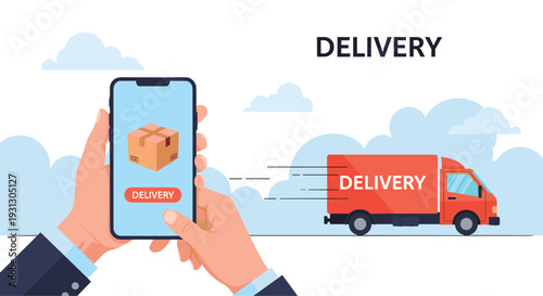 Mobile app delivery service concept with a person holding a smartphone to track a red cargo truck on a highway background.
