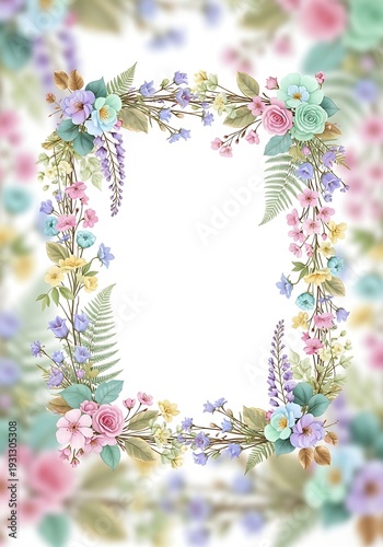 A beautiful and delicate rectangular frame composed of pastel flowers and green foliage, with a soft, blurred floral background.