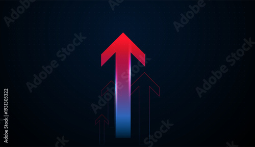 Neon red arrows dominate the scene, capturing strong digital chart performance across technology and Finance sectors. and Multiple red arrows vector