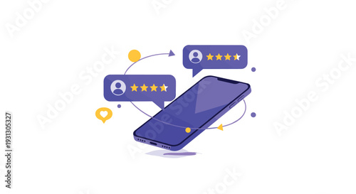 Mobile customer review and online feedback concept featuring a smartphone with star ratings and user profile speech bubbles.