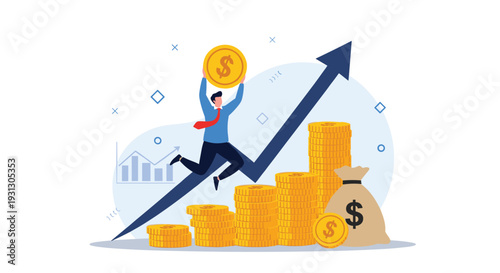 Financial success and wealth growth concept with a happy businessman jumping over rising stacks of gold coins and arrows.
