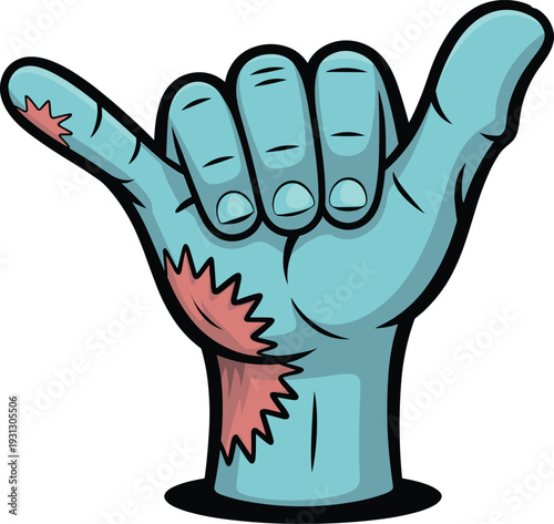 Zombie Hand Shaka Sign Illustration, Undead Blue Monster Hand Making Hang Loose Gesture with Wounds and Scars for Halloween Design