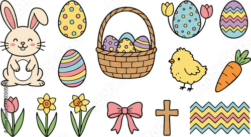 Adorable Hand-Drawn Easter Collection Featuring Playful Bunnies, Colorful Eggs, Cheerful Chicks, Spring Flowers, and Festive Symbols Perfect for Holiday Decorations and Celebrations