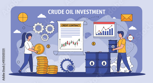 Crude oil investment and energy market analysis concept with people working with fuel barrels and financial credit reports.