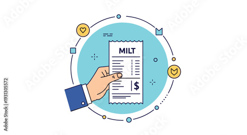 Financial payment and billing concept featuring a hand holding a shopping receipt inside a circular graphic with icons.