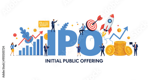 Initial public offering concept featuring a large IPO text surrounded by business people, charts, and icons of financial growth.