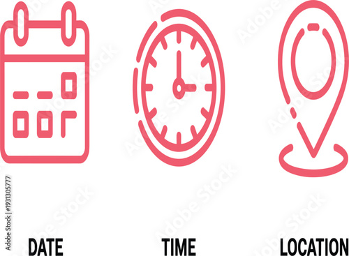 Pink date time and location icon set, calendar clock and map pointer, event information vector illustration