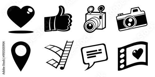 A collection of various icons representing social media, communication, and location services.