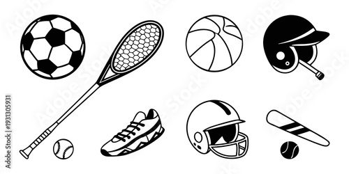 A collection of various sports equipment and gear