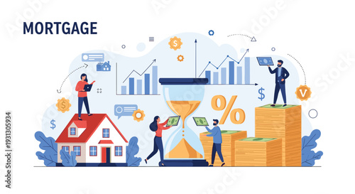 Mortgage concept illustration showing people managing finances around a house, hourglass, and stacks of money for real estate loans.
