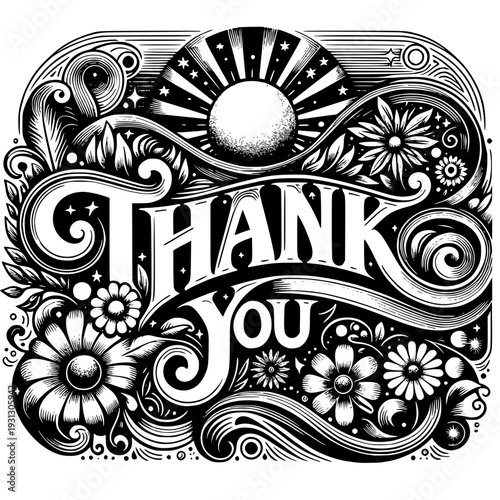 Thank You seamless floral ornament Black and white vector pattern with vintage decorative design