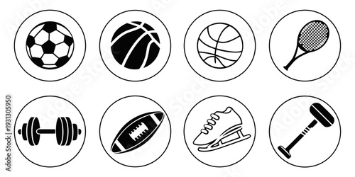 A collection of various sports equipment icons in a circular arrangement