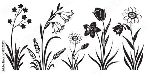 A delightful illustration of various flowers and plants in a garden setting