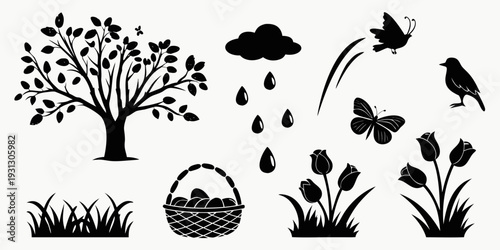 A collection of nature icons including trees, rain, and plants.