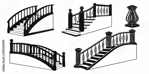 A variety of different types of stairs and ladders in a simple line art style