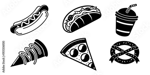 Assorted food items including a hot dog, burger, coffee, ice cream, pizza, and a crossed-out candy