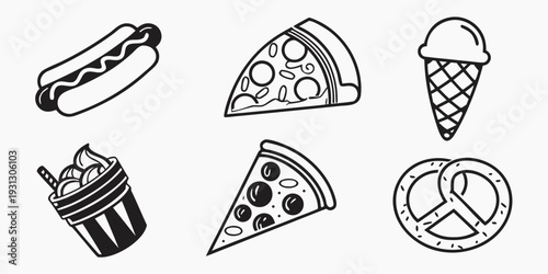 A variety of popular food items including a hot dog, pizza slices, an ice cream cone, and a donut.