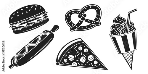 Assorted food illustrations featuring a burger, pretzel, ice cream, pizza, and french fries