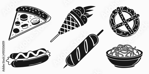 Assorted food items including pizza, ice cream, hot dog, and pie