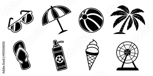 Assorted icons representing summer activities and items