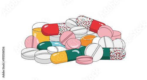 Large pile of various colorful pharmaceutical pills, capsules, and tablets representing healthcare, medicine, and pharmacy supplies.