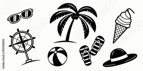 Assorted beach items including sandals, ice cream, and a sun hat