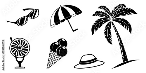 An assortment of beach and summer related items in a black and white illustration