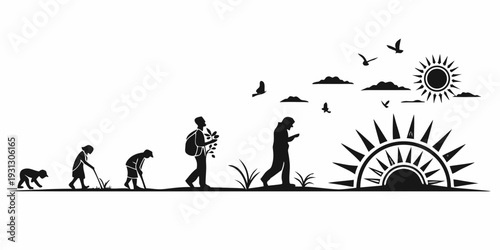 Evolution of man illustrated with a sunrise and birds in flight