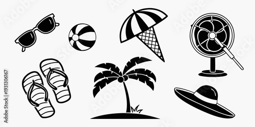 Assorted summer and beach-themed icons in black and white