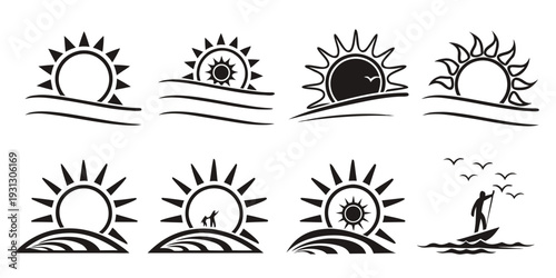 Eight different ways to depict the sun rising over the horizon in a variety of artistic styles