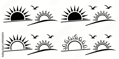 Sunrise and sunset with birds flying over the horizon in a serene landscape