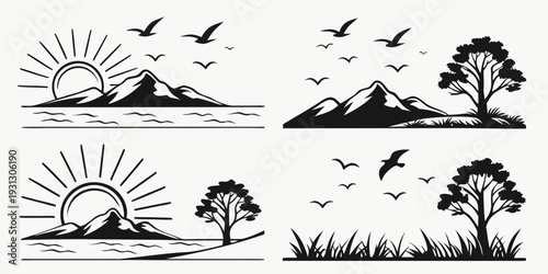 Four distinct nature scenes showcasing sunrise, sunset, and forest landscapes with birds.