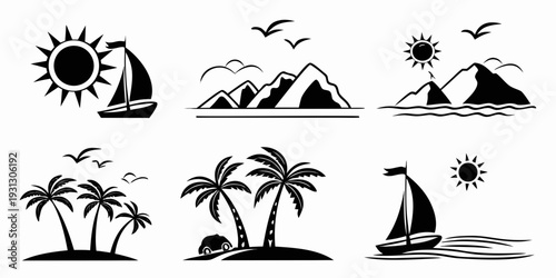 Eight black and white icons depicting various tropical and seaside scenes