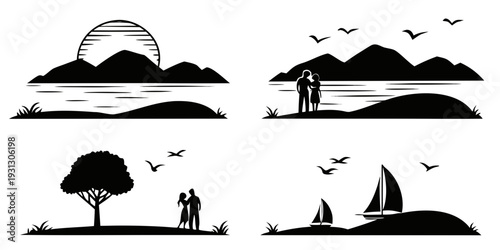 Four distinct scenes of nature and adventure with silhouettes of people and objects