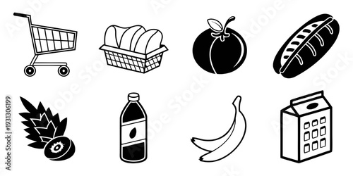 Assorted grocery items including fruits, vegetables, and packaged goods