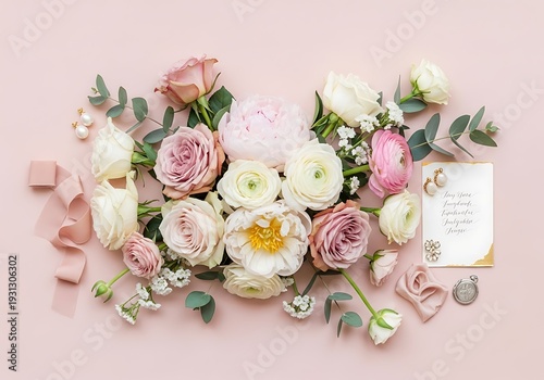 Elegant flat lay composition of pink and white flowers with eucalyptus, ribbons, and delicate jewelry on a soft pink background, perfect for celebrations.