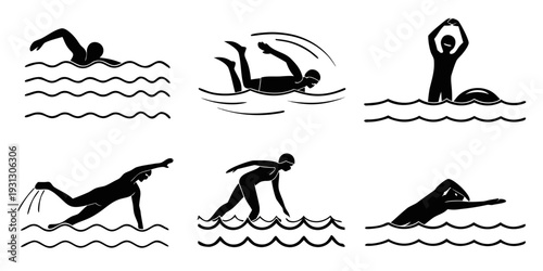 Diverse illustration of swimming strokes and techniques in action
