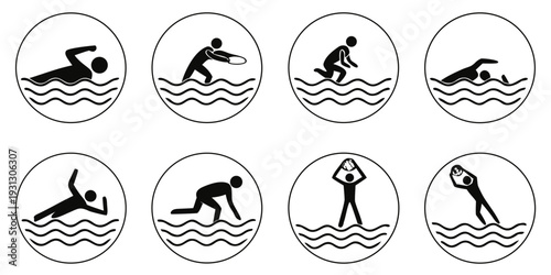 Eight distinct illustrations of individuals performing various aquatic activities
