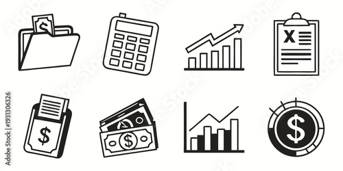 A collection of icons representing various financial and business concepts