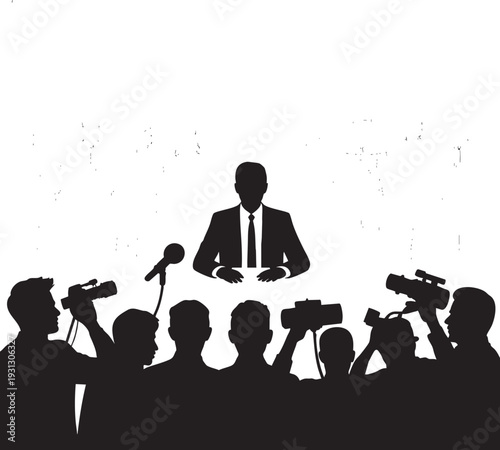 Businessman at Press Conference in Silhouette with Dramatic Lighting on White Background for Editorial Use