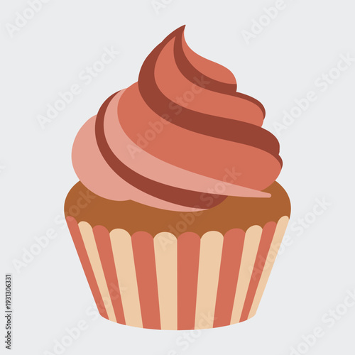 Delicious cupcake with swirled pink frosting in striped wrapper