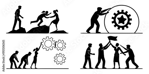 Illustration of human evolution and industrial progress with gears and people