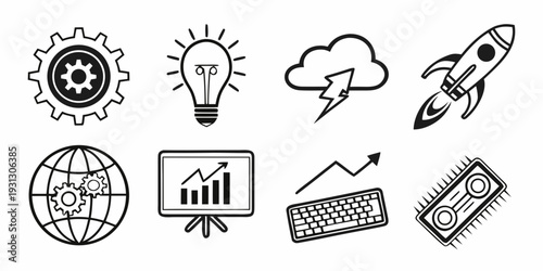 A collection of icons representing various aspects of technology and innovation