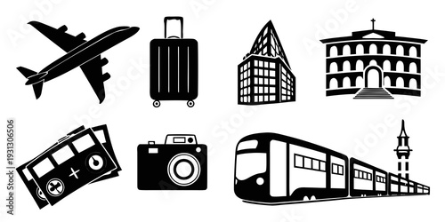 Assorted travel icons depicting various modes of transportation and landmarks.
